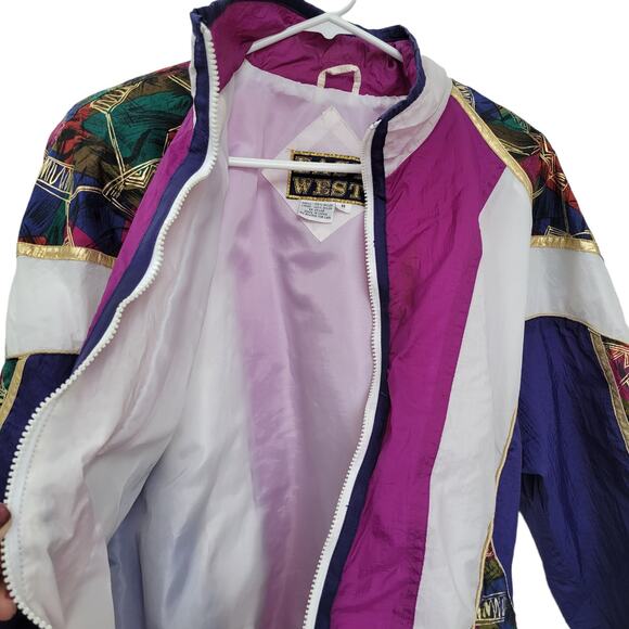 East West Vintage Bomber Nylon Windbreaker Full Zip Pink/Multi/Gold Women Sz M - Picture 6 of 8
